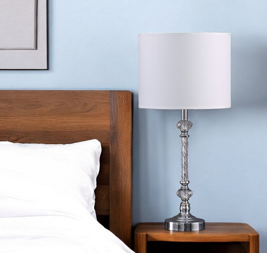 19" Silver Metal and Faux Crystal Table Lamp With White Drum Shade-0