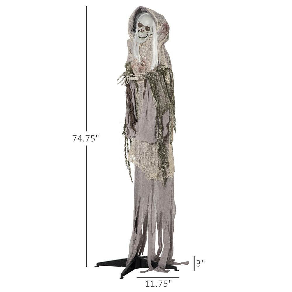 74inch Life Size Outdoor Halloween Decorations Skeleton Witch, Sound And Motion Activated Animated Prop Animatronic Decor With Light Up Eyes, Spooky Sound