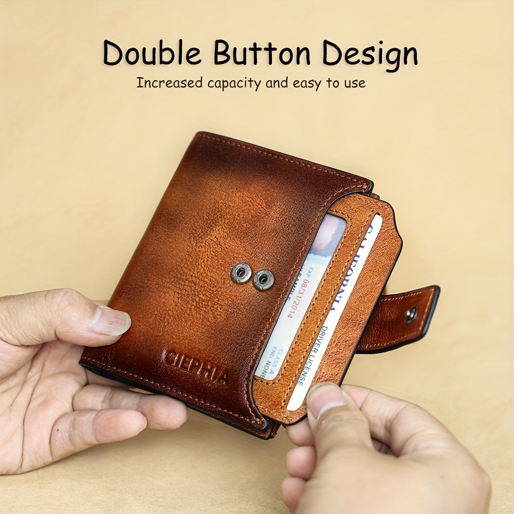 1pc CIEPHIA Men's Genuine Leather Wallet Vintage RFID Blocking Anti-Theft Billfold with Adjustable Strap, 17 Card Slots, ID Window, Coin Pocket & Zipper Closure - Deep Brown, Valentine's Day Gift for Men, Perfect for Thanksgi