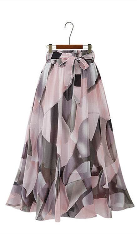 Women Formal Work Office High Waist Floral Midi Big Swing Chiffon Skirt