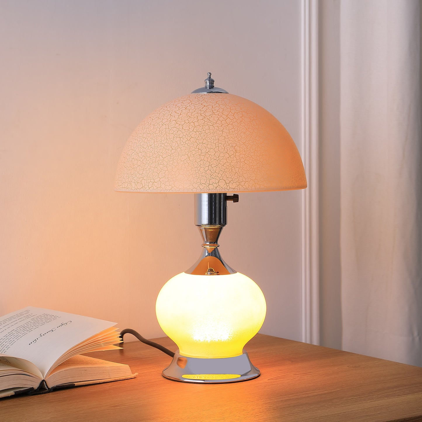24" Silver Bedside Led Table Lamp With Pink Bowl Shade-5