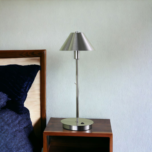 18" Silver Metal Bedside Table Lamp With Silver Cone Shade-1