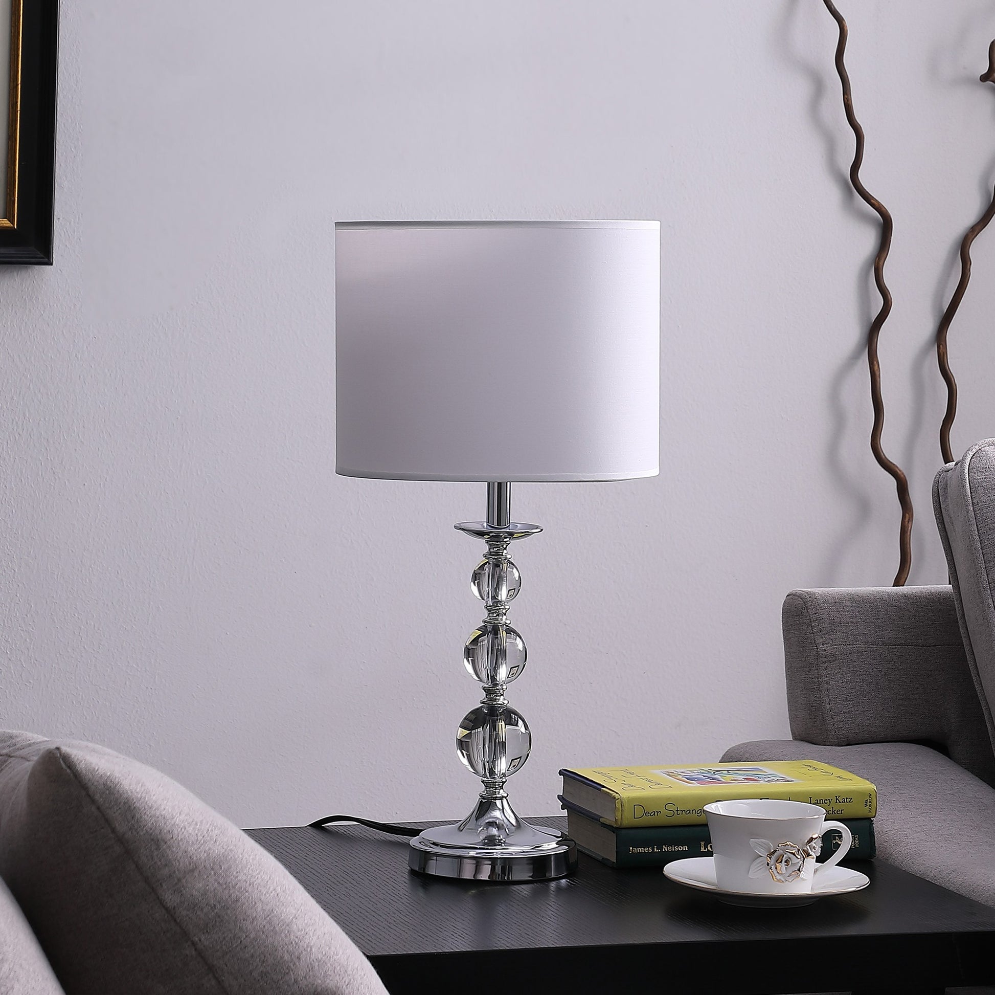 20" Silver Bedside Table Lamp With White Drum Shade-3