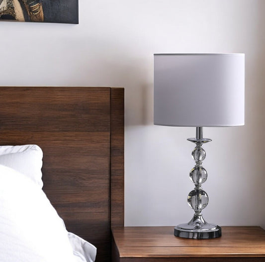 20" Silver Bedside Table Lamp With White Drum Shade-0