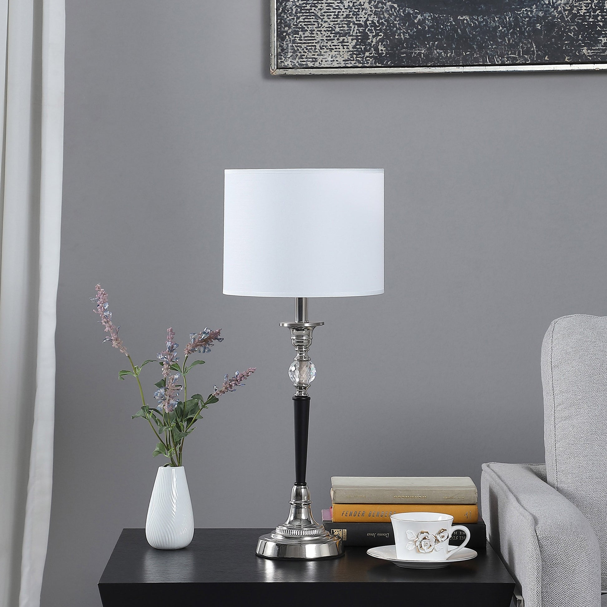 23" Black Chrome and Crystal Table Lamp With White Drum Shade-3