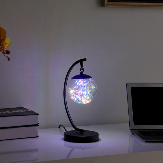 14" Matte Black Metal Arched Hanging Orb USB Table Lamp-3