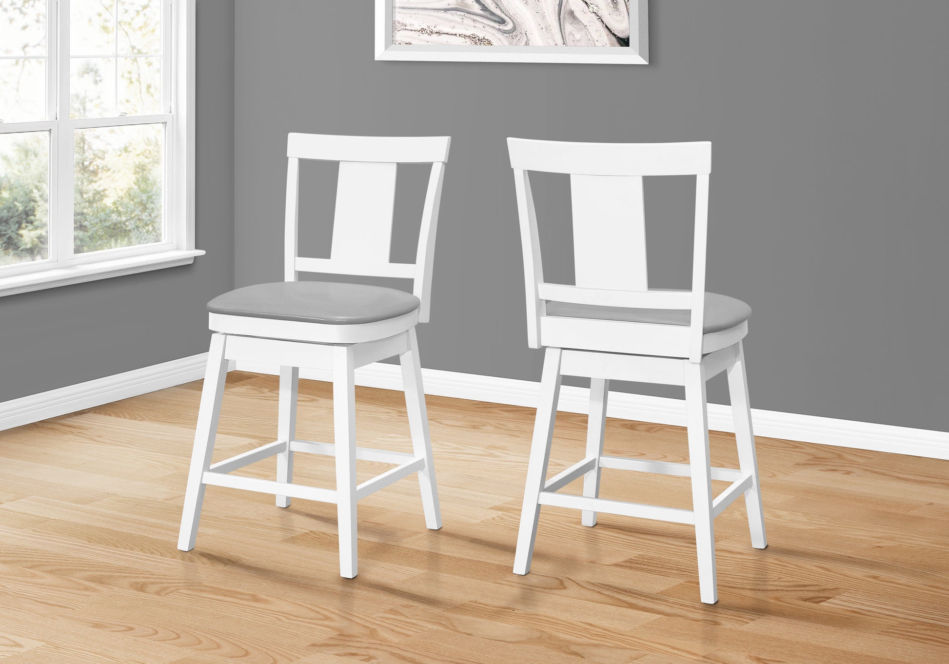 Set of Two 23 " Gray And White Faux Leather And Solid Wood Swivel Counter Height Bar Chairs-2