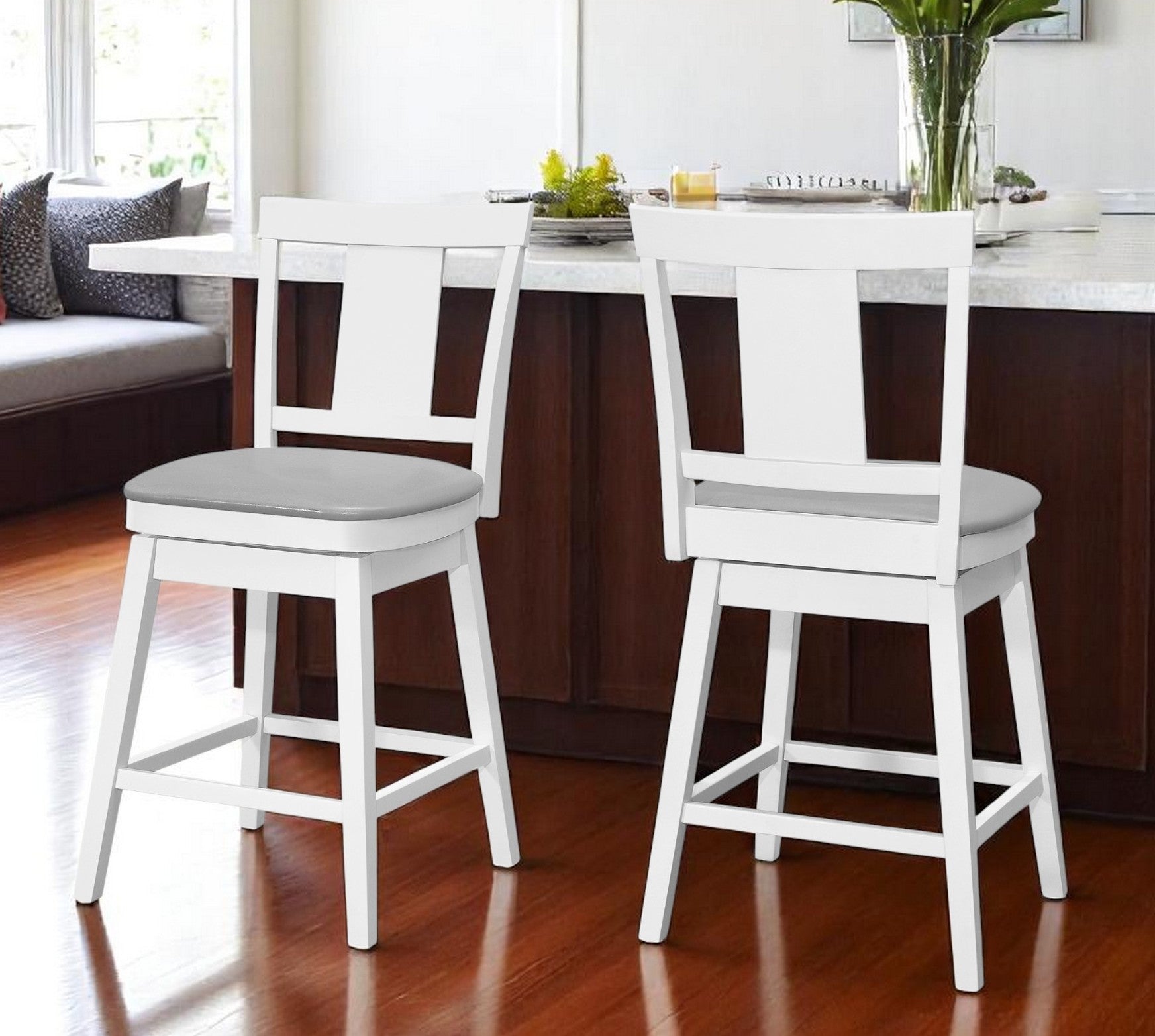 Set of Two 23 " Gray And White Faux Leather And Solid Wood Swivel Counter Height Bar Chairs-0