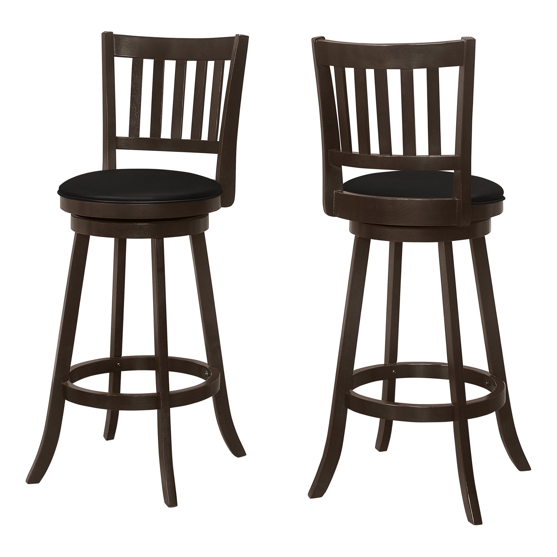 Set of Two 29" Black and Espresso Faux Leather and Solid Wood Bar Height Swivel Bar Chairs-2