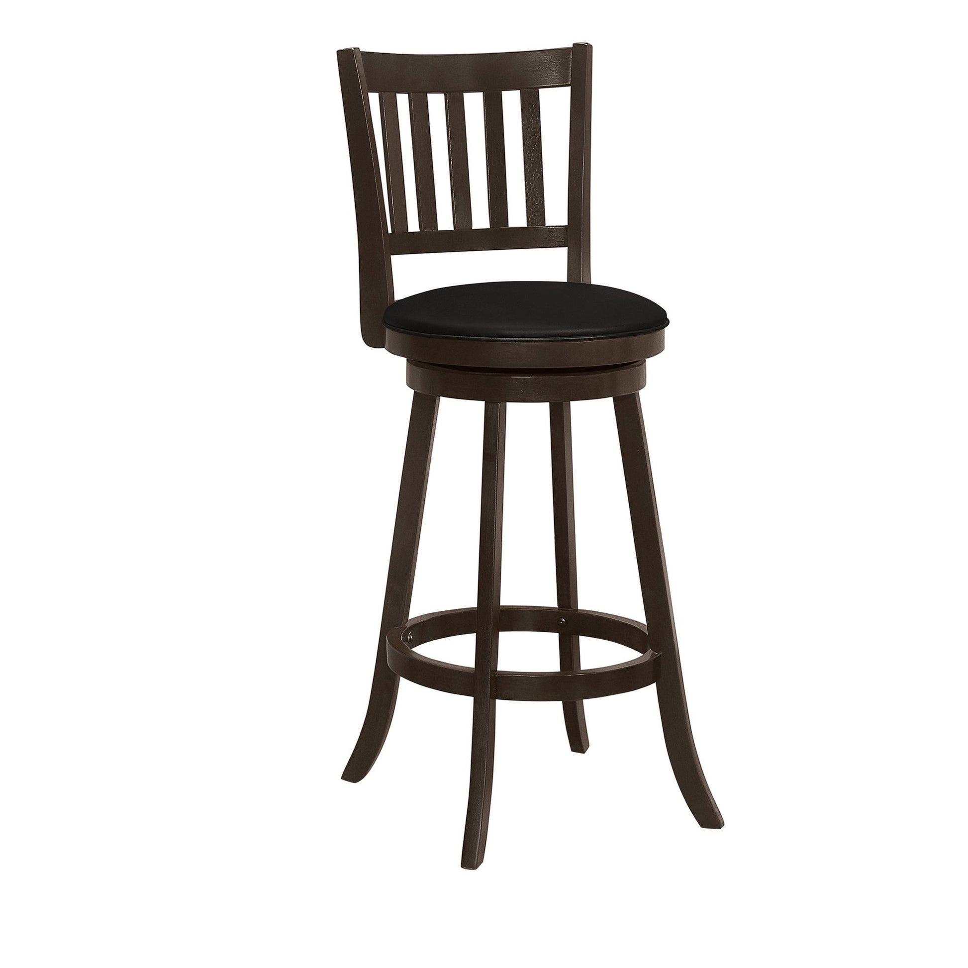 Set of Two 29" Black and Espresso Faux Leather and Solid Wood Bar Height Swivel Bar Chairs-1