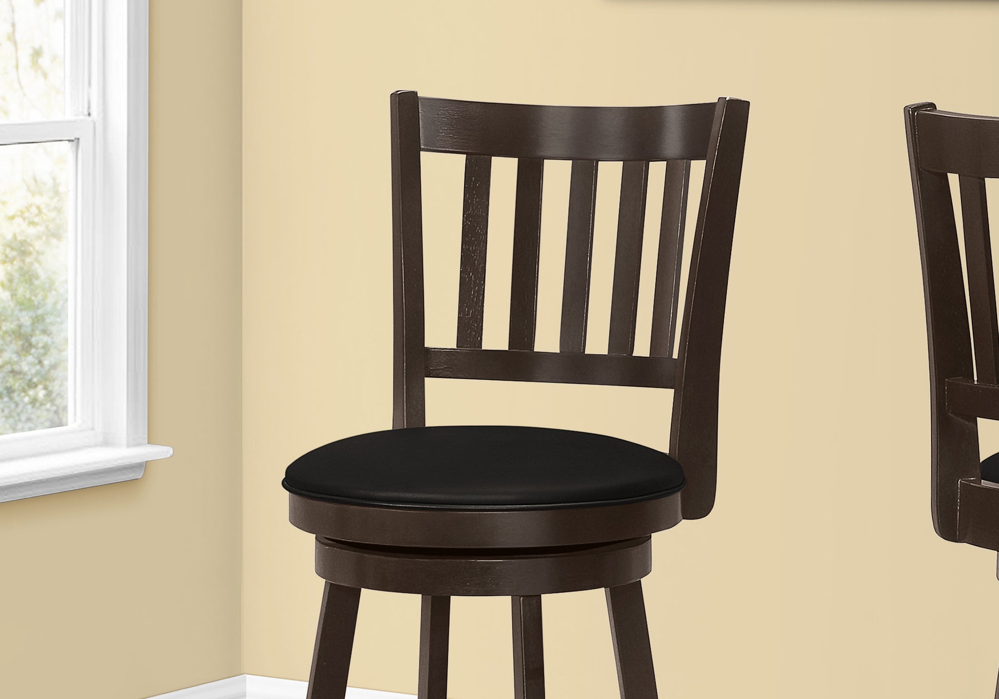 Set of Two 29" Black and Espresso Faux Leather and Solid Wood Bar Height Swivel Bar Chairs-4