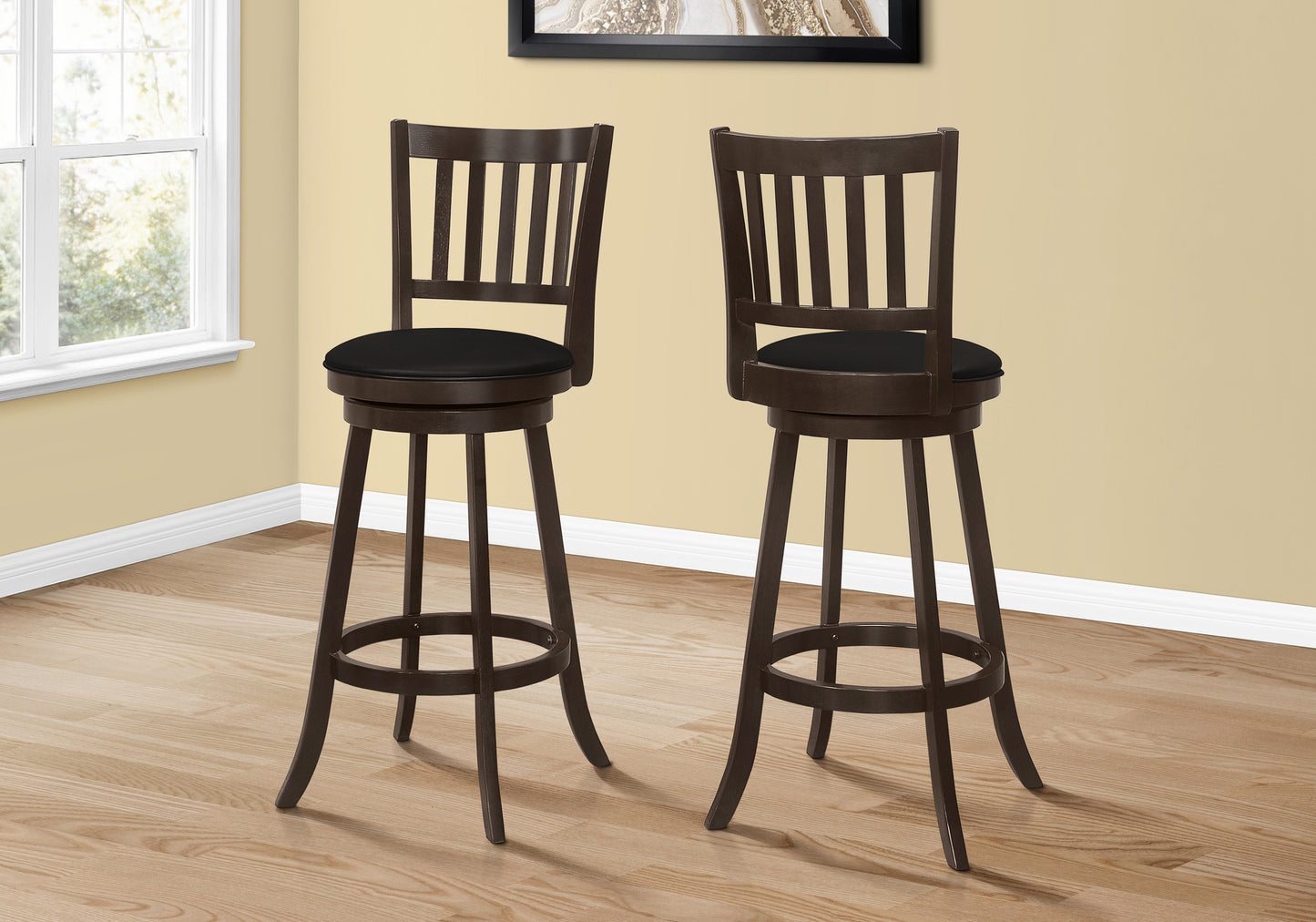 Set of Two 29" Black and Espresso Faux Leather and Solid Wood Bar Height Swivel Bar Chairs-7