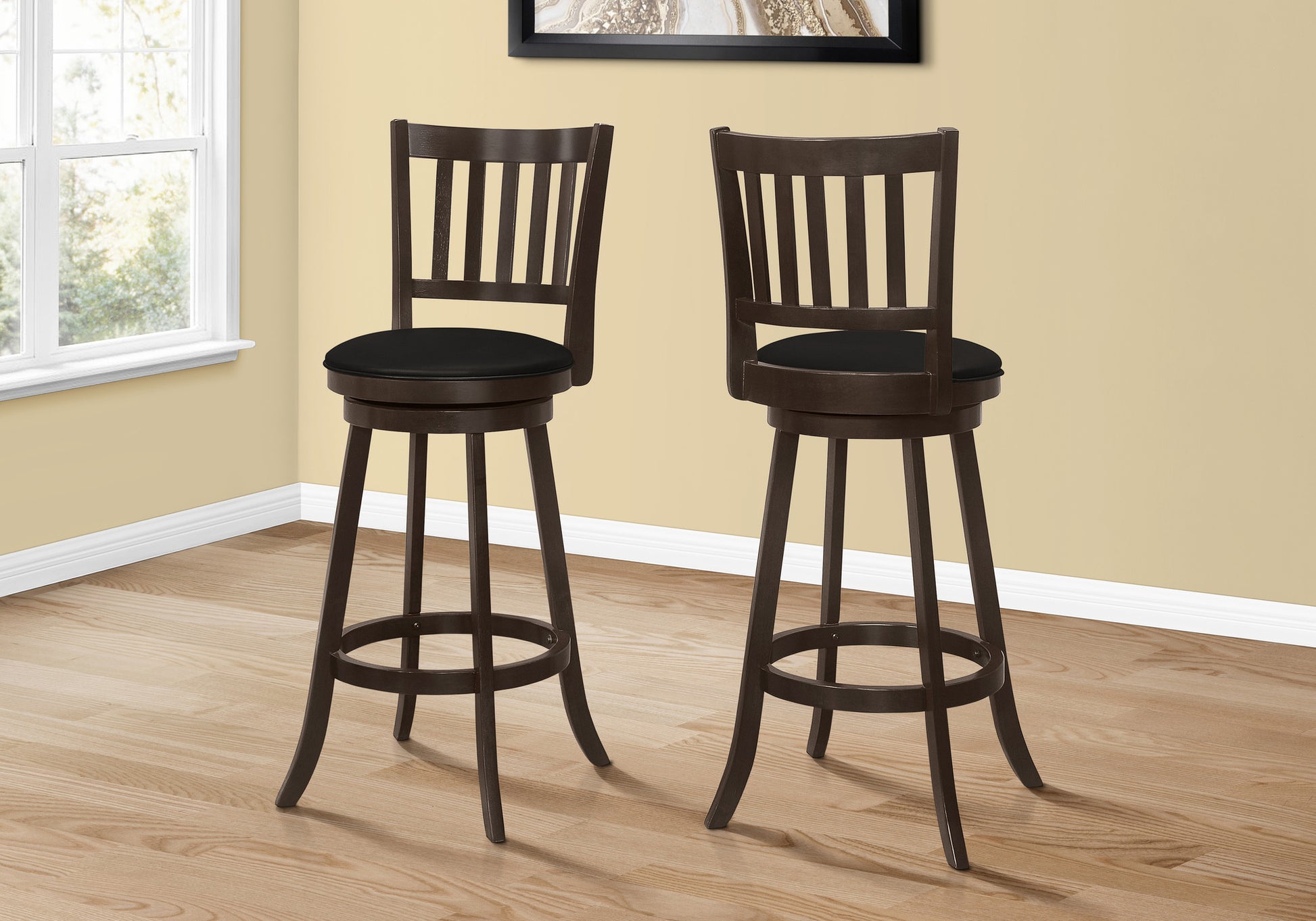 Set of Two 29" Black and Espresso Faux Leather and Solid Wood Bar Height Swivel Bar Chairs-7