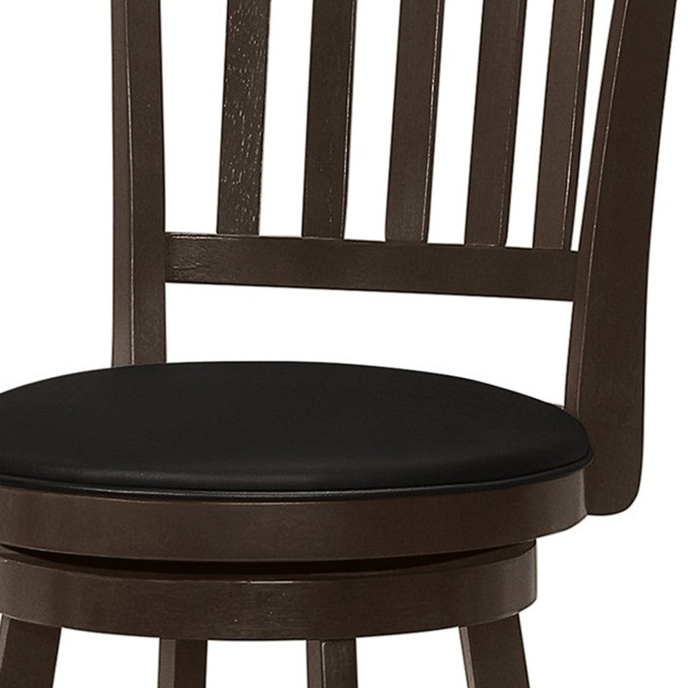 Set of Two 29" Black and Espresso Faux Leather and Solid Wood Bar Height Swivel Bar Chairs-3