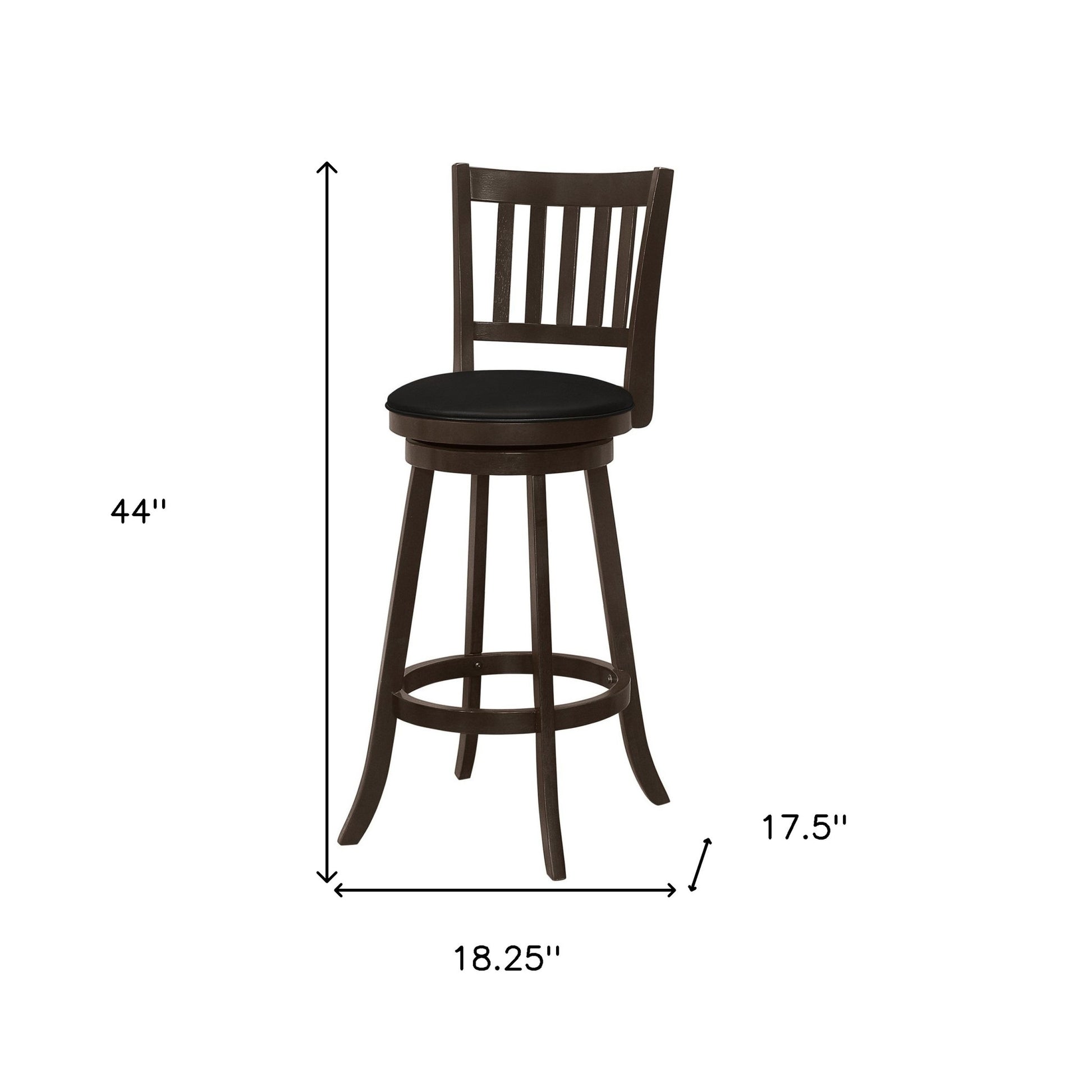 Set of Two 29" Black and Espresso Faux Leather and Solid Wood Bar Height Swivel Bar Chairs-6