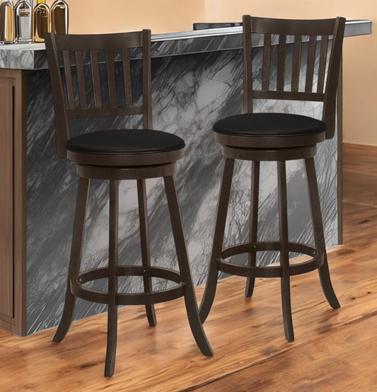 Set of Two 29" Black and Espresso Faux Leather and Solid Wood Bar Height Swivel Bar Chairs-0
