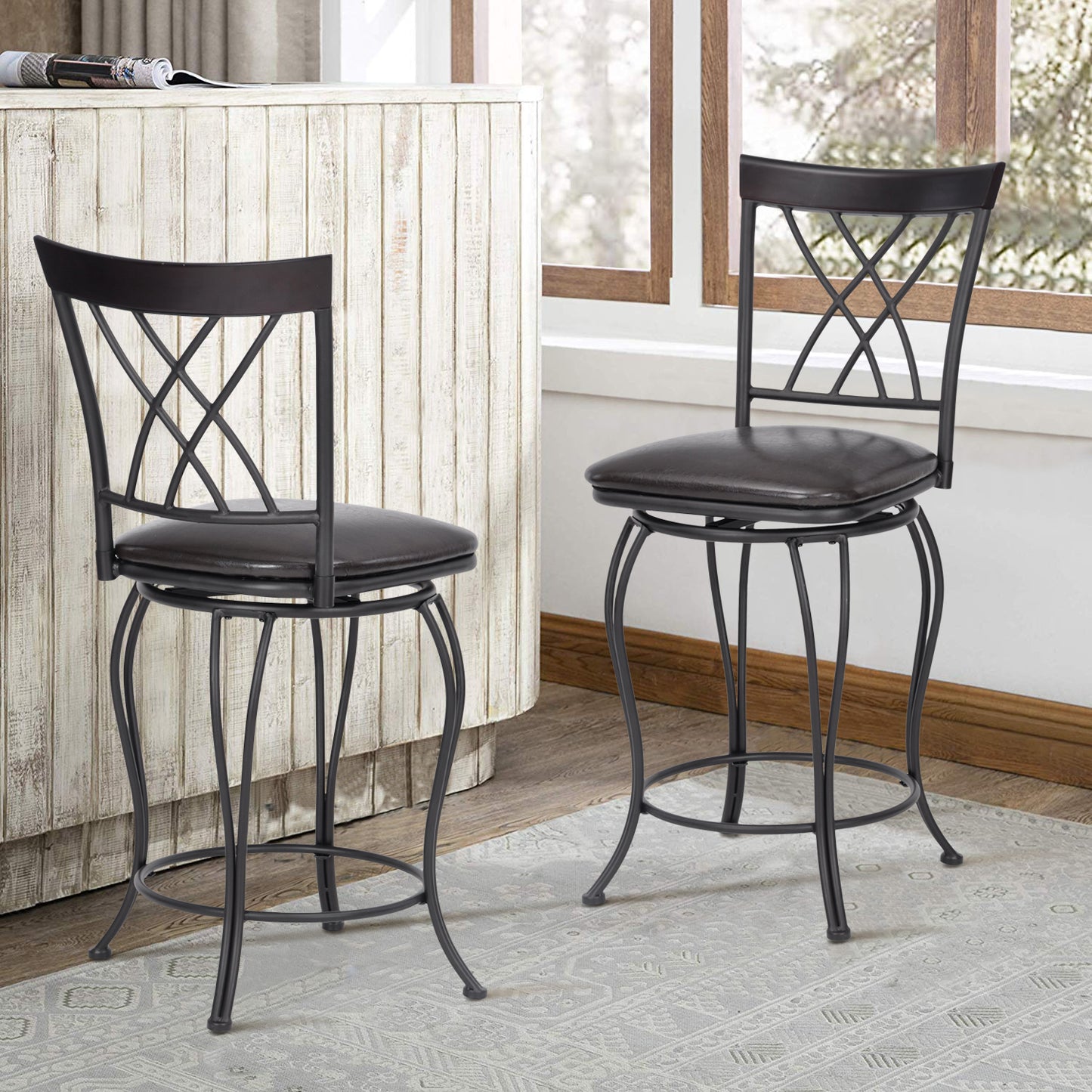 Set of Two 24" Black Manufactured Wood and Steel Counter Height Swivel Bar Chairs-5