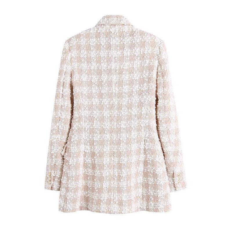 Elegant Luxury Lapel Long Sleeved Double Breasted Check tweed Blazer Women