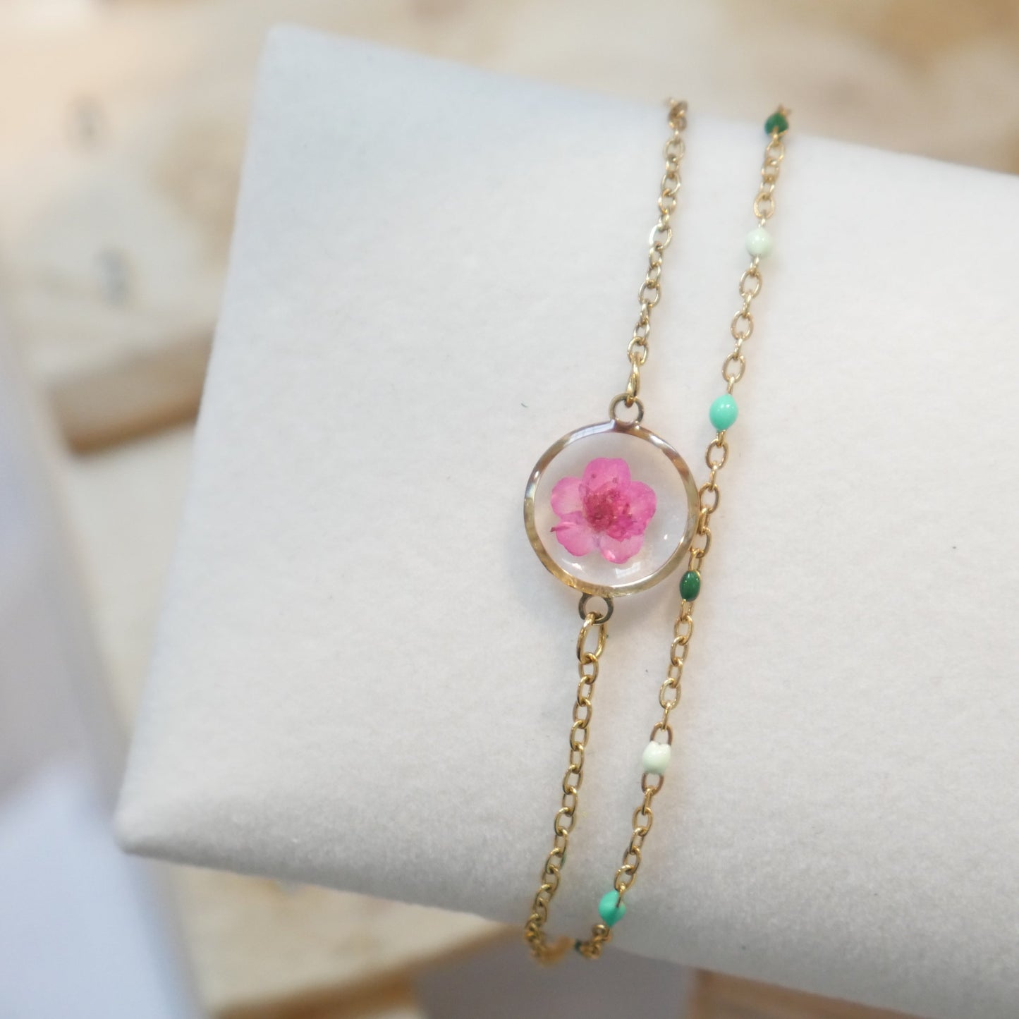 Bracelet Sofia double - fuschia et chaine verte