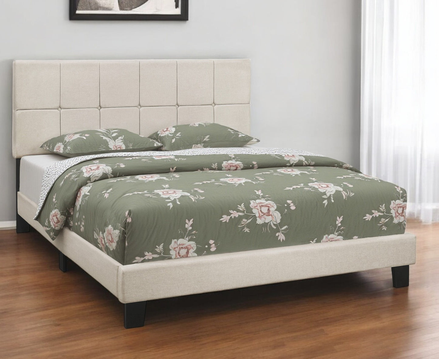 Beige Tufted Linen Queen Bed Frame-0
