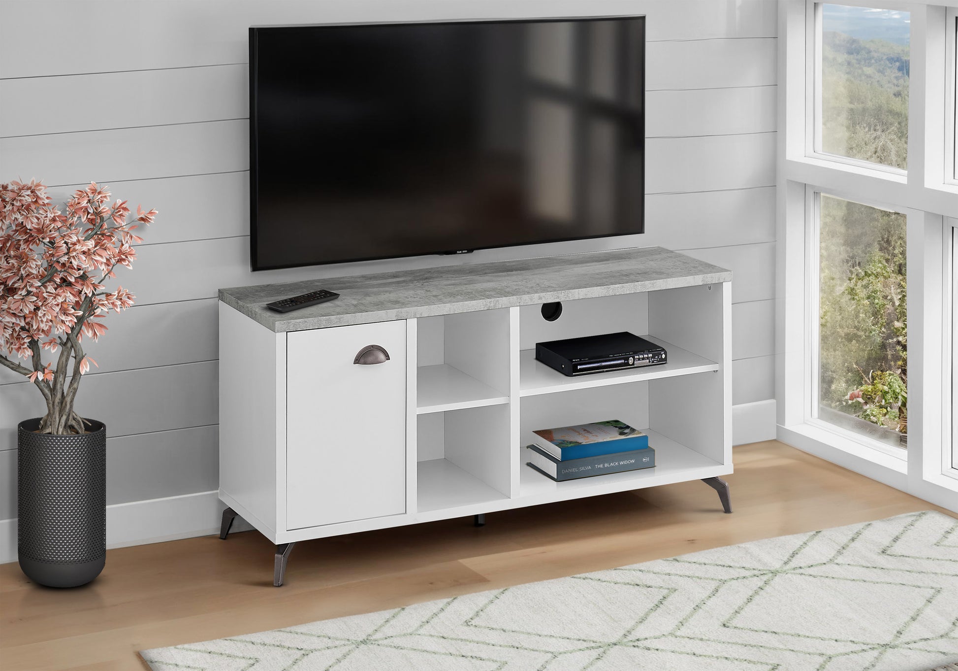47" Gray And White Wood Enclosed and Open Storage TV Stand-7
