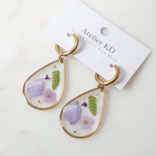 Boucles d'oreilles - les Violettes et la fougères - goute (XL 32mm)
