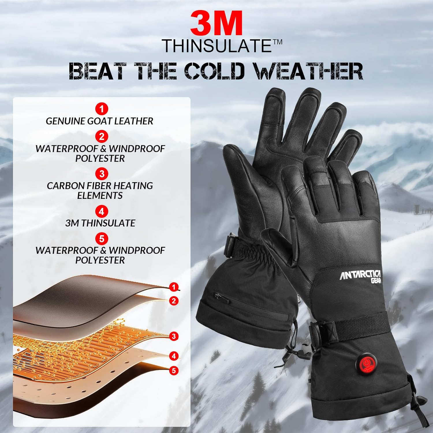 ANTARCTICA GEAR Winter Ski Gloves Rechargeable Heating Warm Gloves for Motorcycle-3