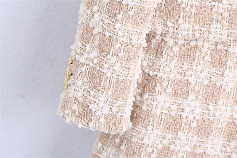 Elegant Luxury Lapel Long Sleeved Double Breasted Check tweed Blazer Women