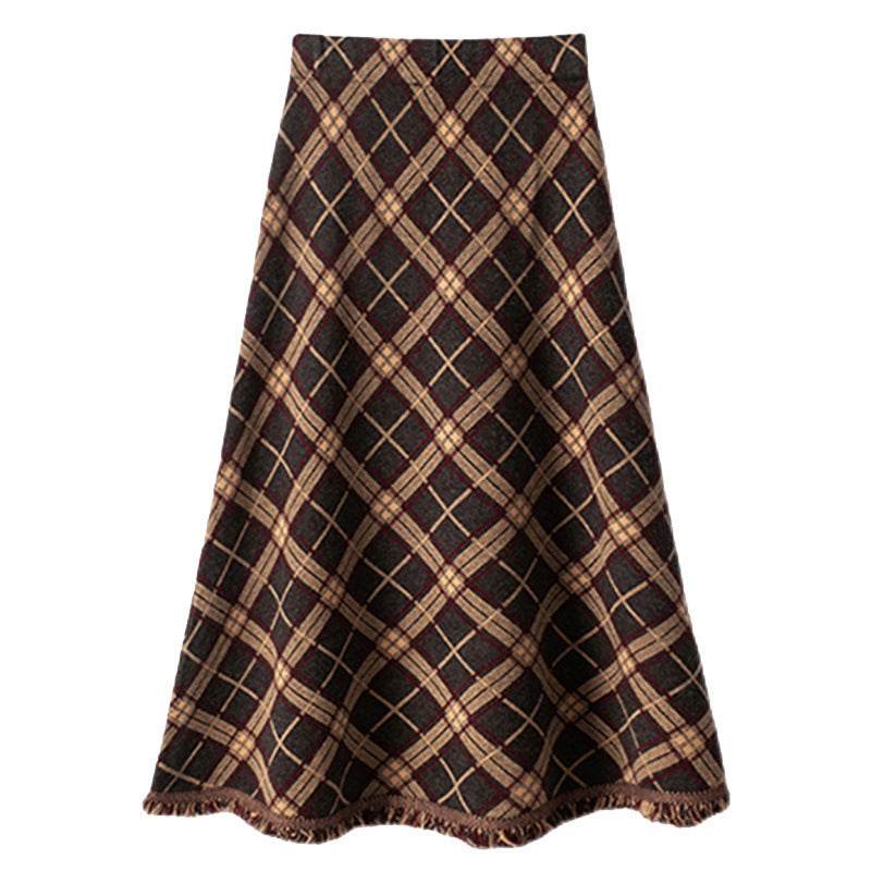 Women Plaid Big Hem Wool Midi Skirt