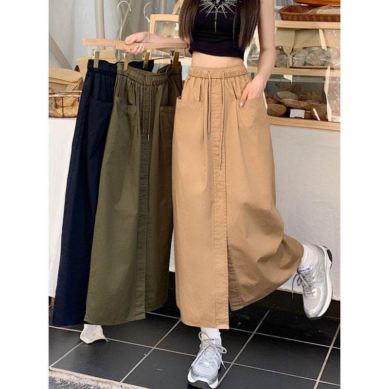 Women's front slit Washed Cotton Midi Cargo Skirt
