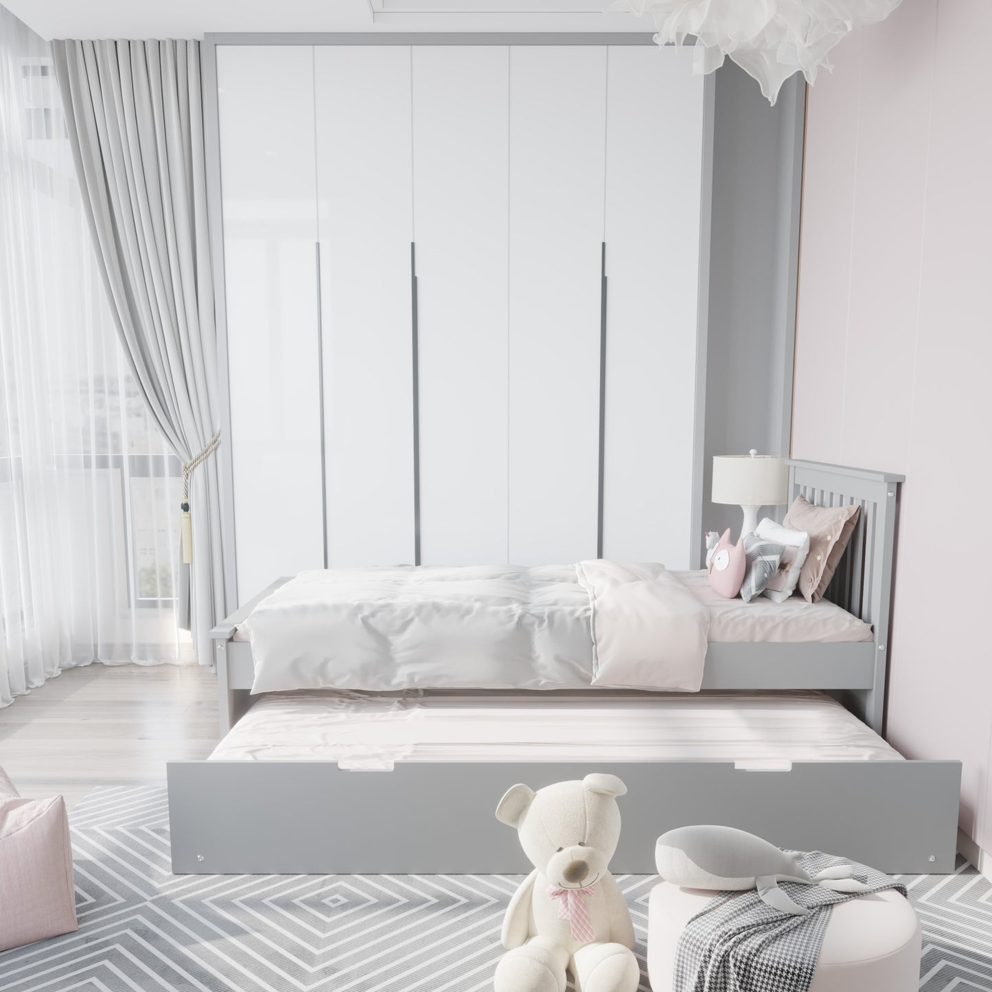 Gray Solid Wood Twin Bed With Pull Out Trundle-7