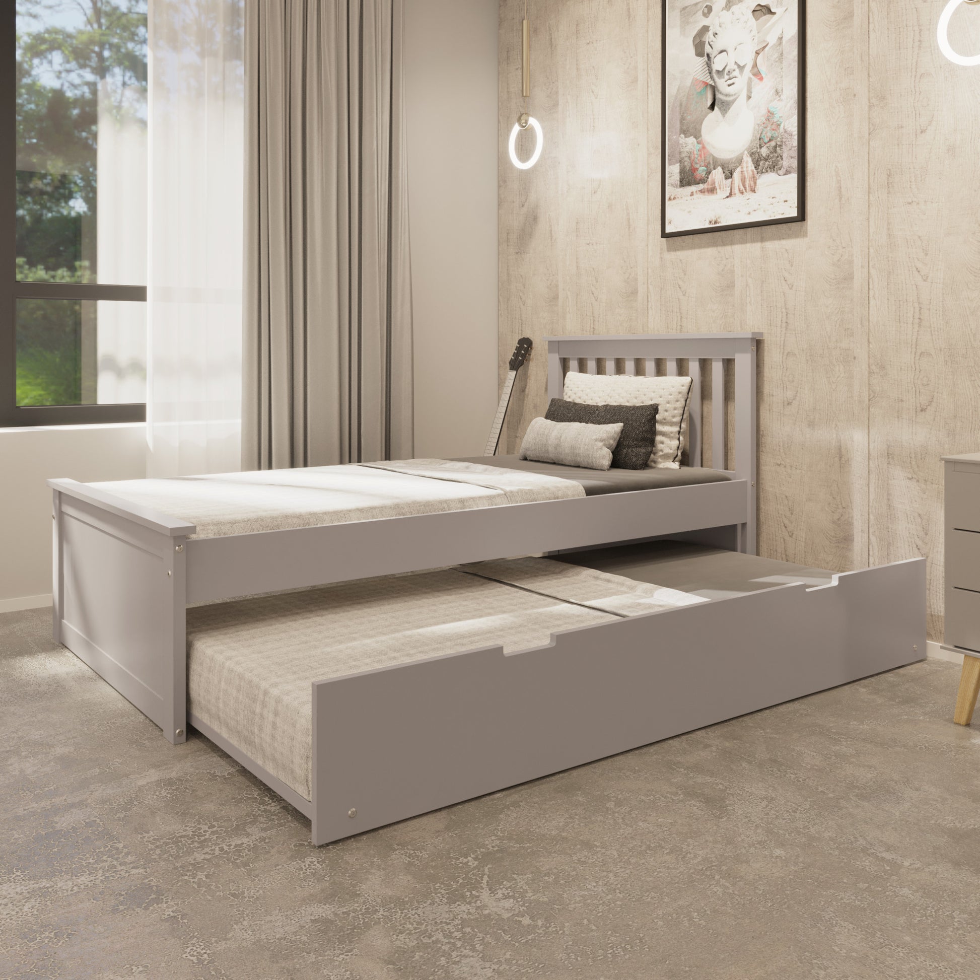 Gray Solid Wood Twin Bed With Pull Out Trundle-4