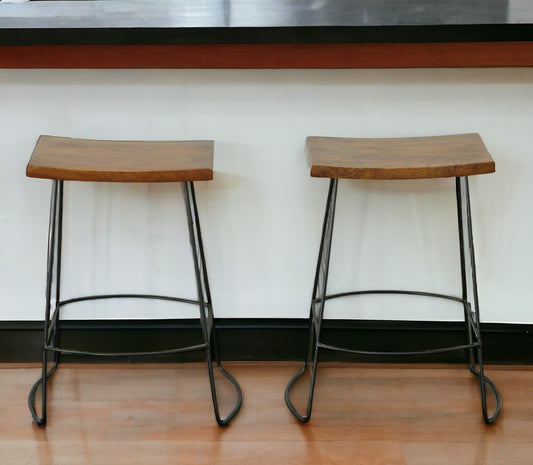 Set of Two 25" Chestnut and Black Solid Wood and Steel Backless Counter Height Bar Chairs-0