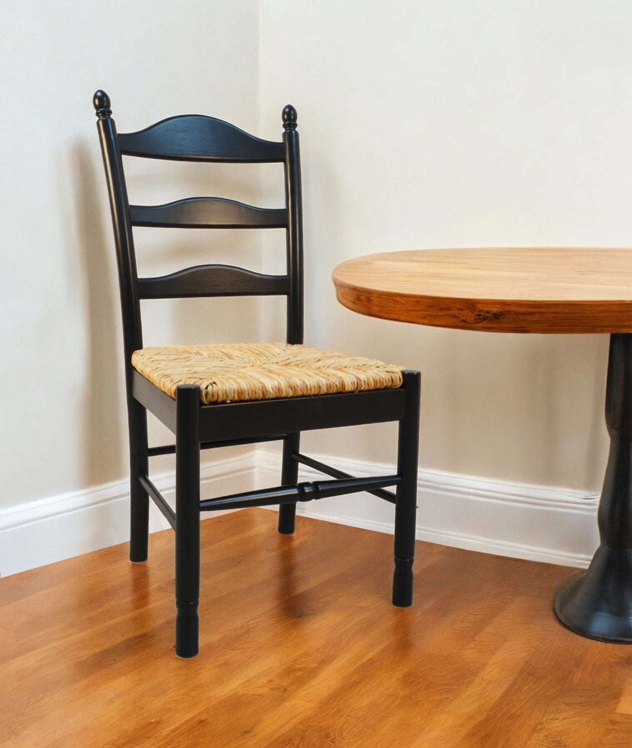 Straw And Black Wood Ladder Back Dining Side Chair-0