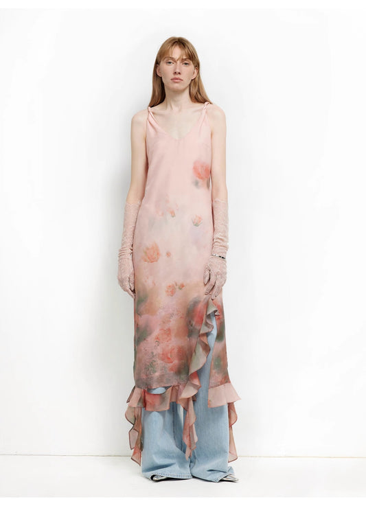 Acetate Mulberry Silk V-Neck Ruffled Draped Twist Strap Summer Dress "Rosy Ombre"-0