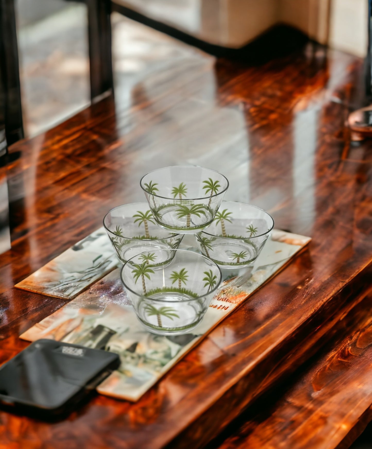 Clear and Green Four Piece Palm Tree Acrylic Service For Four Bowl Set-1
