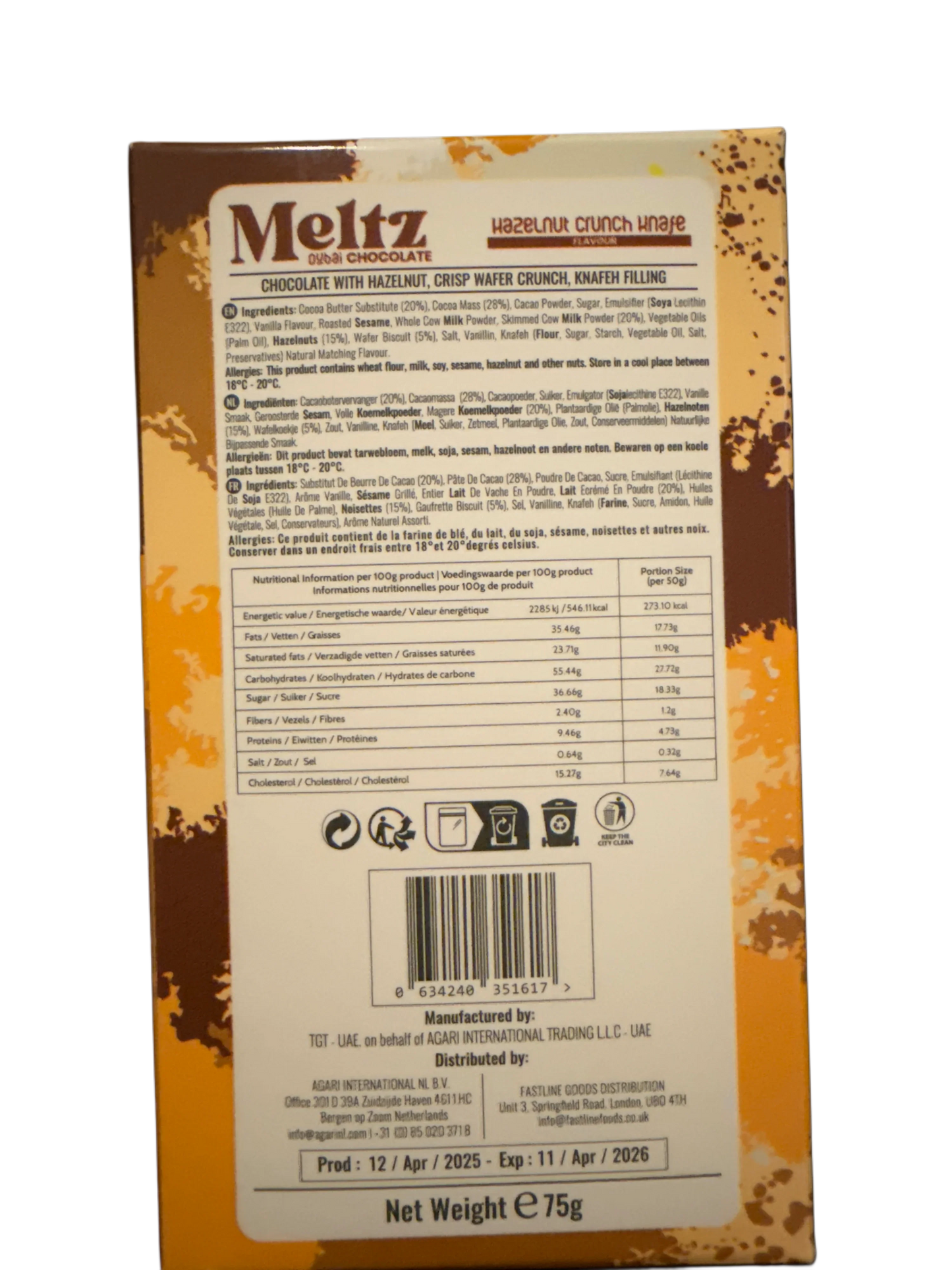 Meltz Dubai Chocolate Hazelnut Crunch Knafeh Flavour 75G - Dubai Edition