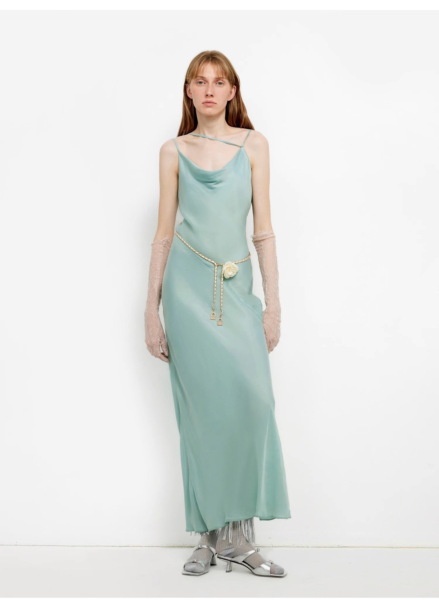 Glossy copper-ammonia silk satin light luxury swing collar slim fishtail suspender dress "Island Riddle"-4