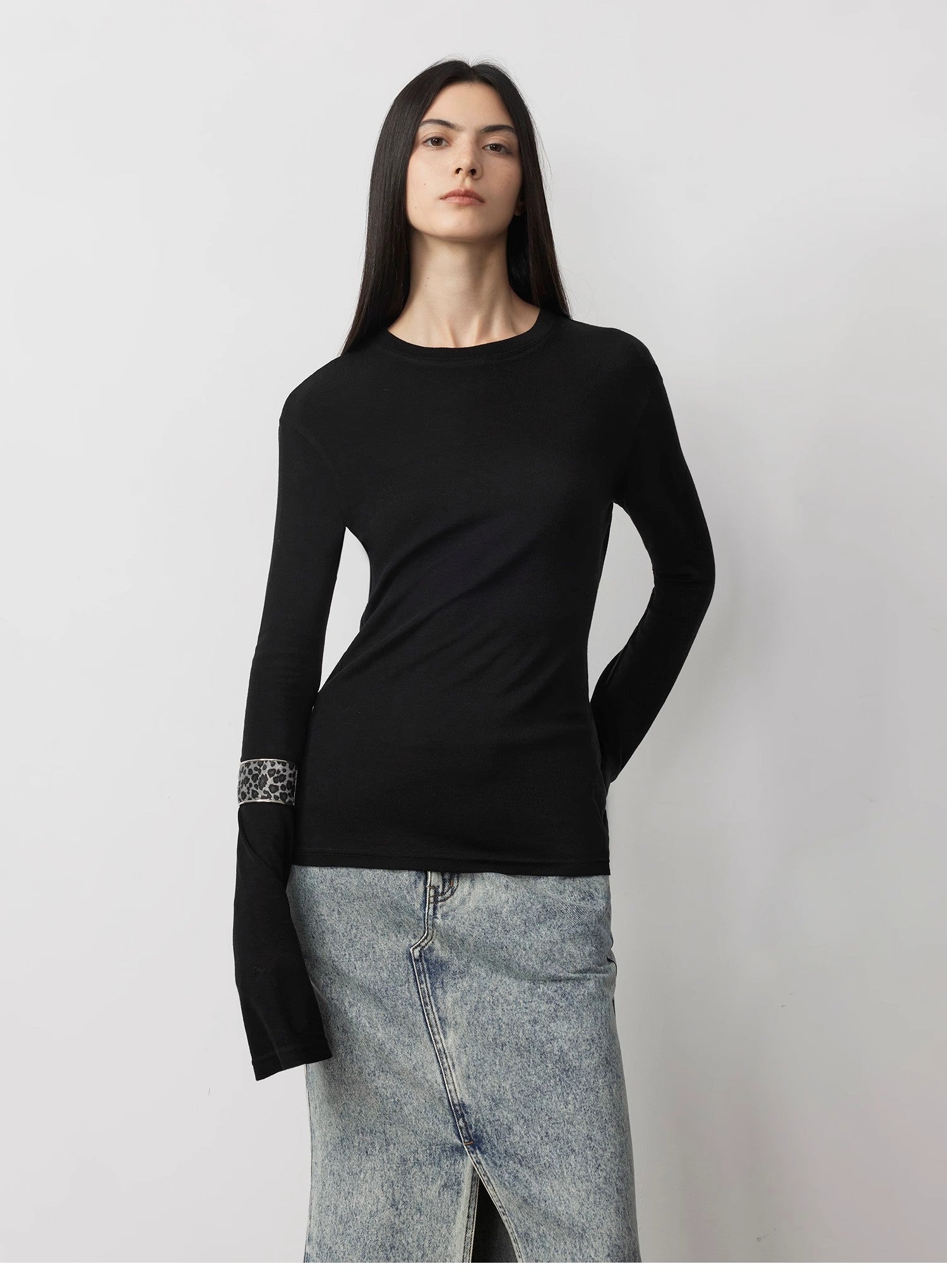 Lyocell wool stretch comfortable breathable fit minimalist solid color long-sleeved T-shirt-1
