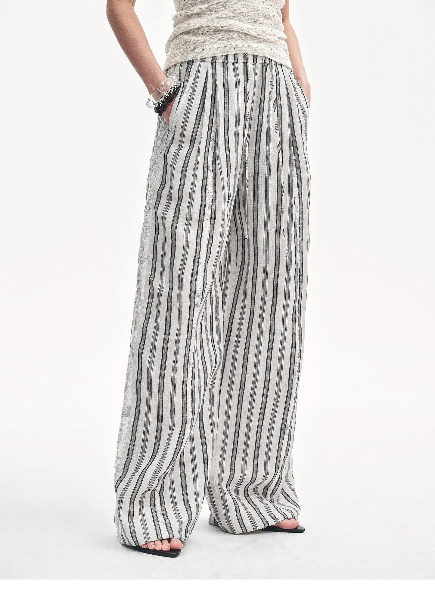 Linen Vertical Stripe Drape Wide Leg Casual Pants"Fashion Tension"-6