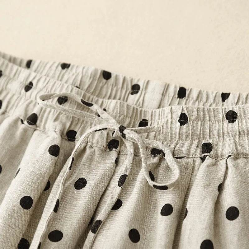 Cotton Hemp Polka Dots Tied Elastic Waist Harem wide leg trouser Pants For Women