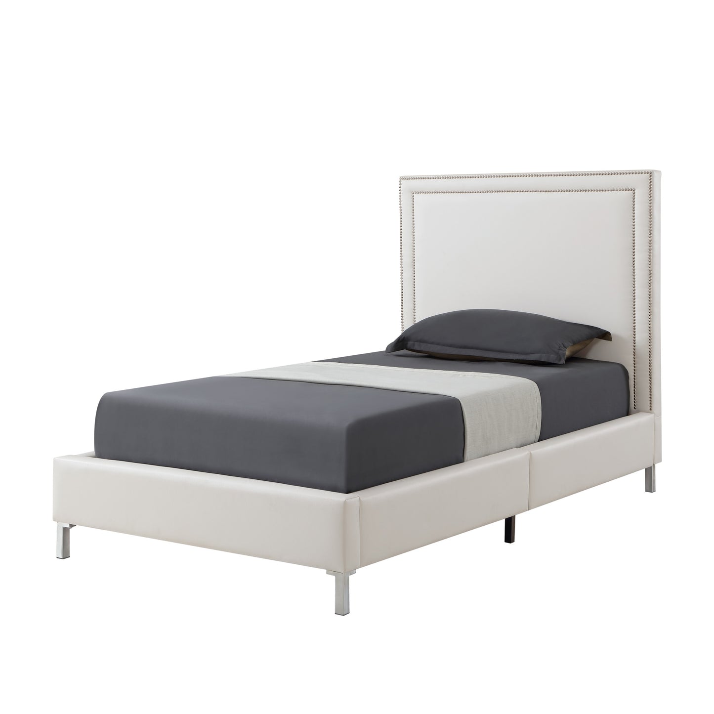White Solid Wood Full Upholstered Faux Leather Bed with Nailhead Trim-2