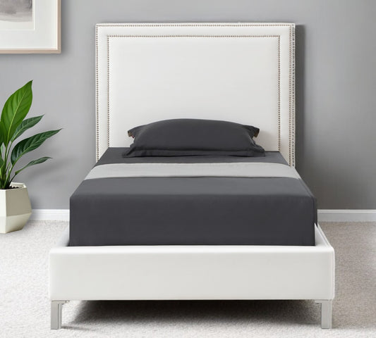 White Solid Wood Full Upholstered Faux Leather Bed with Nailhead Trim-0