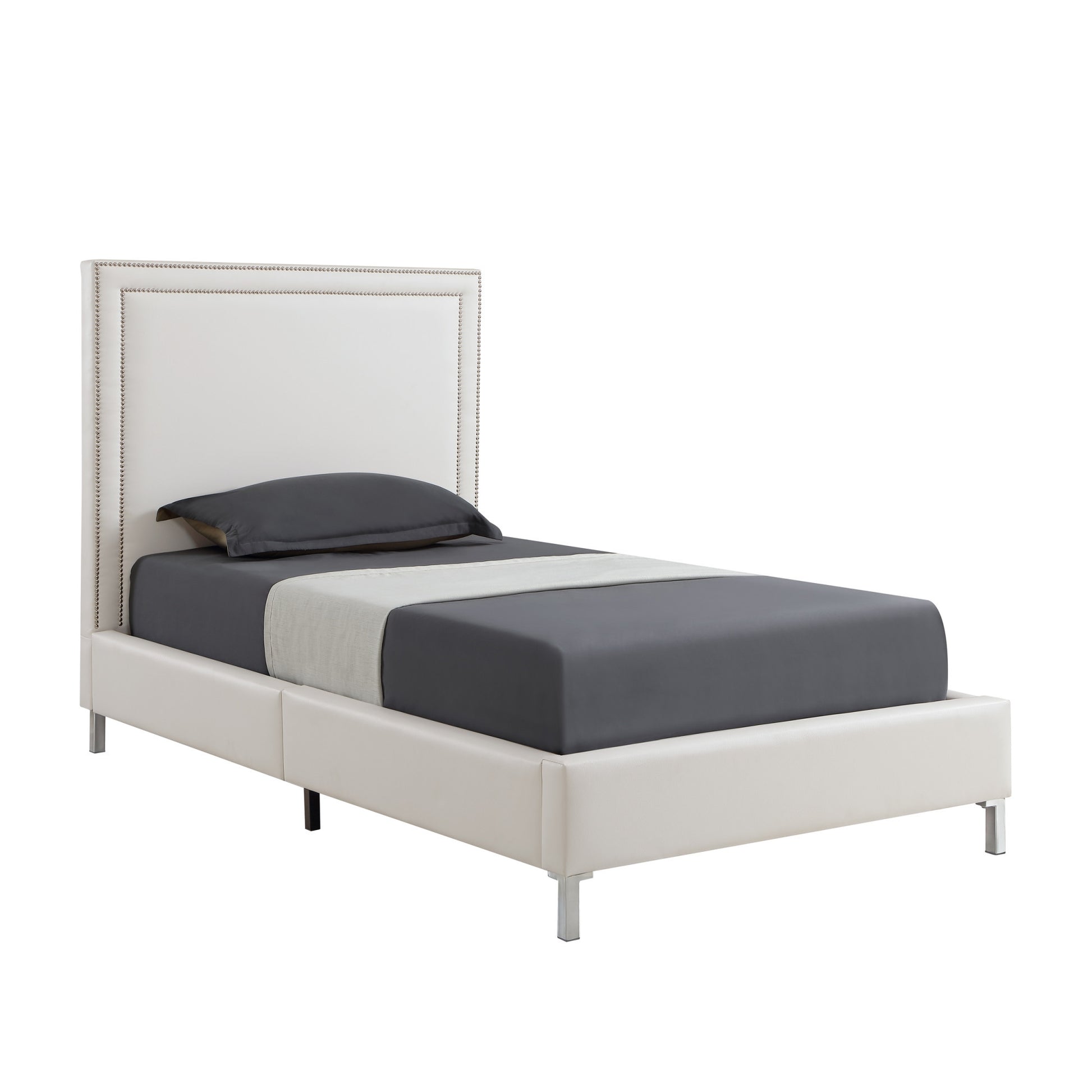 White Solid Wood Full Upholstered Faux Leather Bed with Nailhead Trim-5
