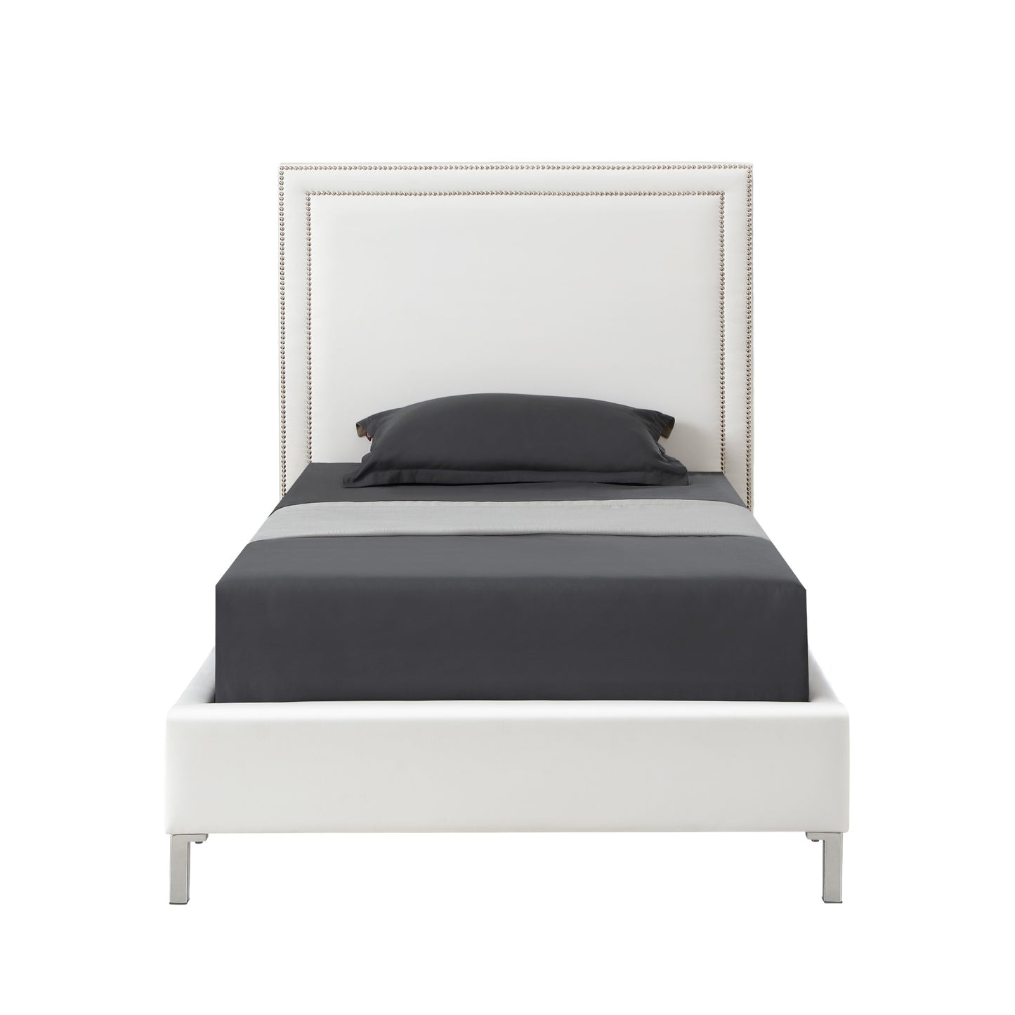 White Solid Wood Full Upholstered Faux Leather Bed with Nailhead Trim-3