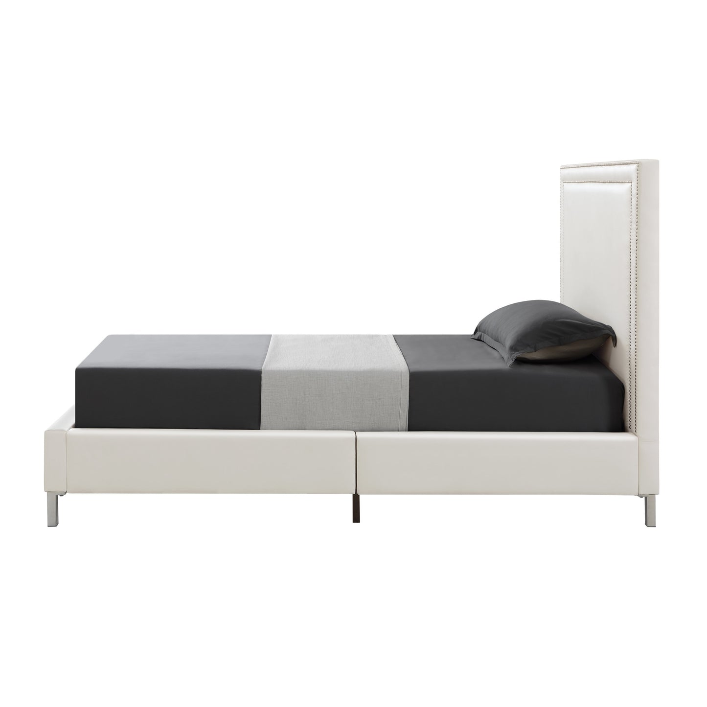 White Solid Wood Full Upholstered Faux Leather Bed with Nailhead Trim-1