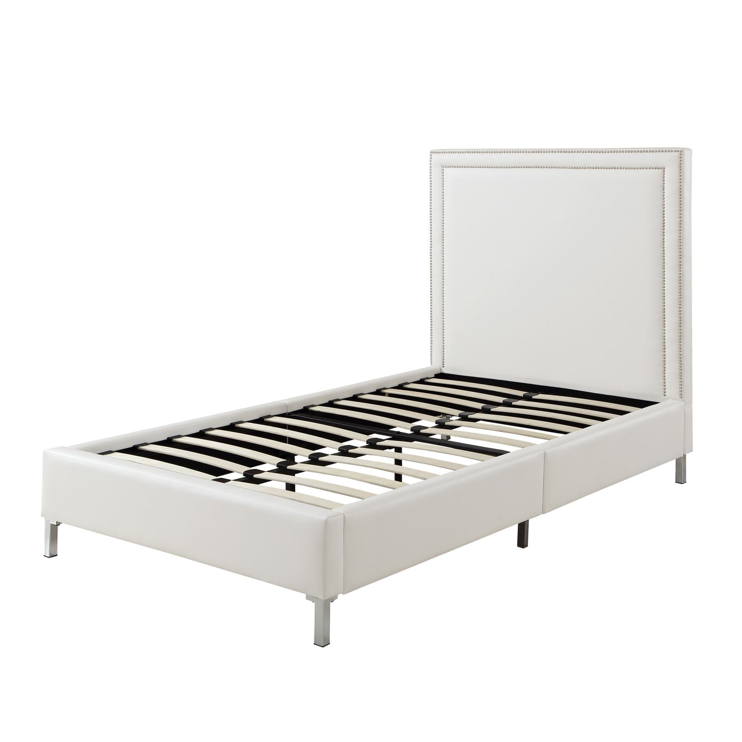 White Solid Wood Full Upholstered Faux Leather Bed with Nailhead Trim-4