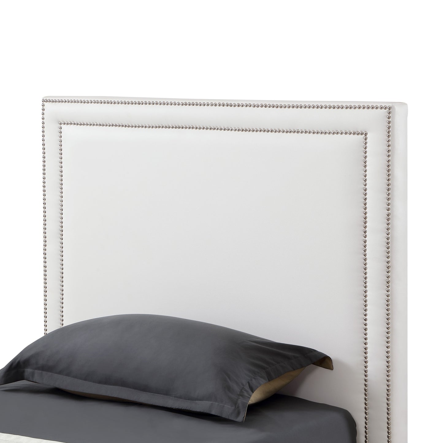 White Solid Wood Full Upholstered Faux Leather Bed with Nailhead Trim-6