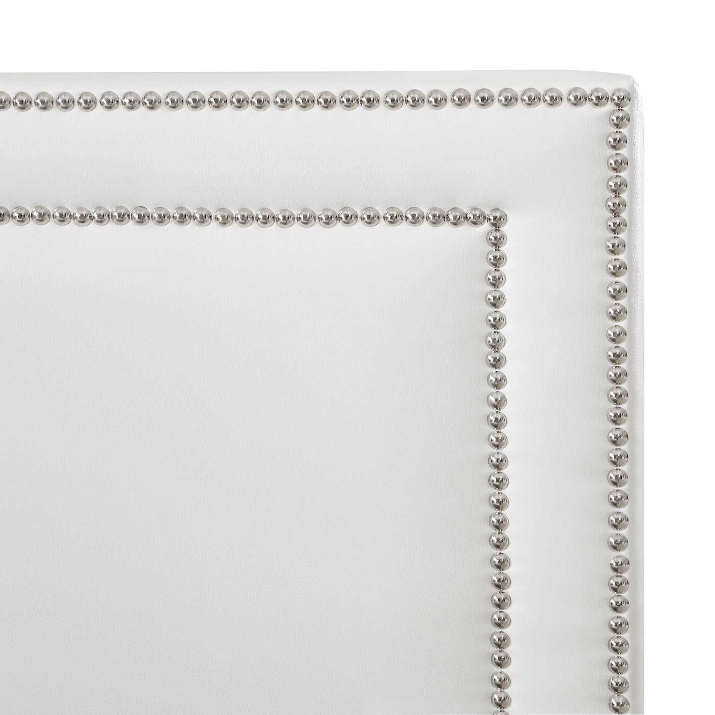 White Solid Wood Full Upholstered Faux Leather Bed with Nailhead Trim-7