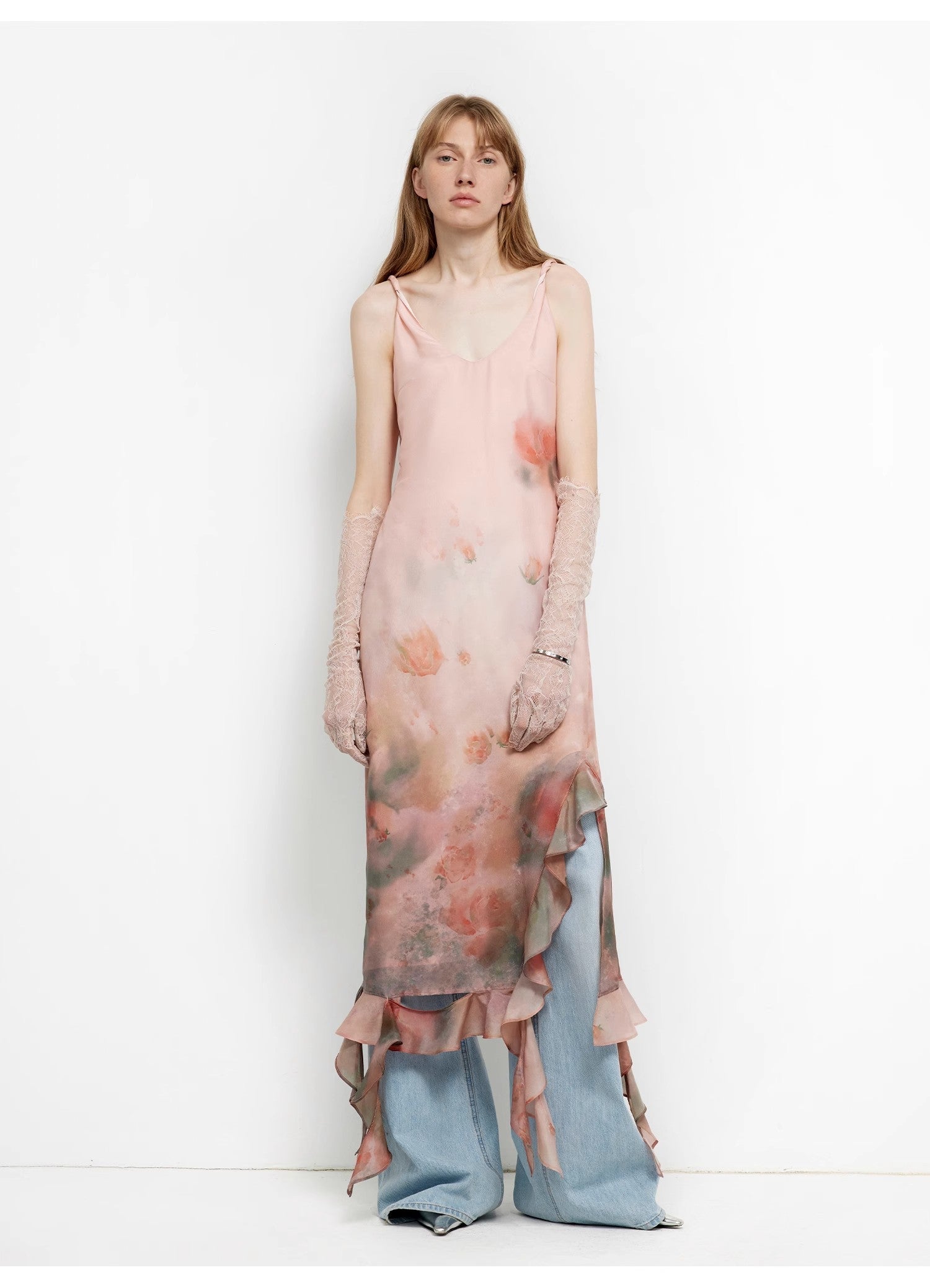 Acetate Mulberry Silk V-Neck Ruffled Draped Twist Strap Summer Dress "Rosy Ombre"-4